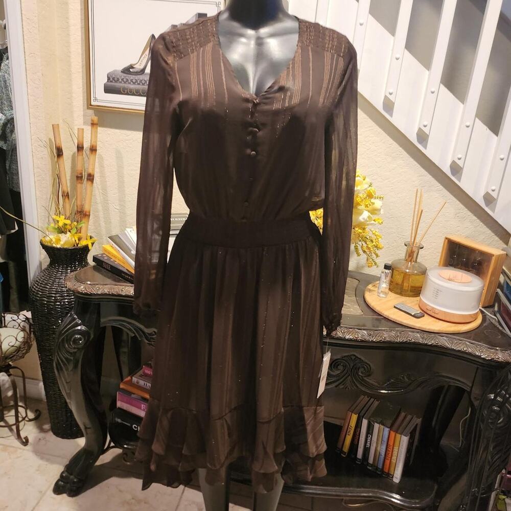Nanette Lepore Chocolate Sheer Long Sleeve Dress size 8 NEW